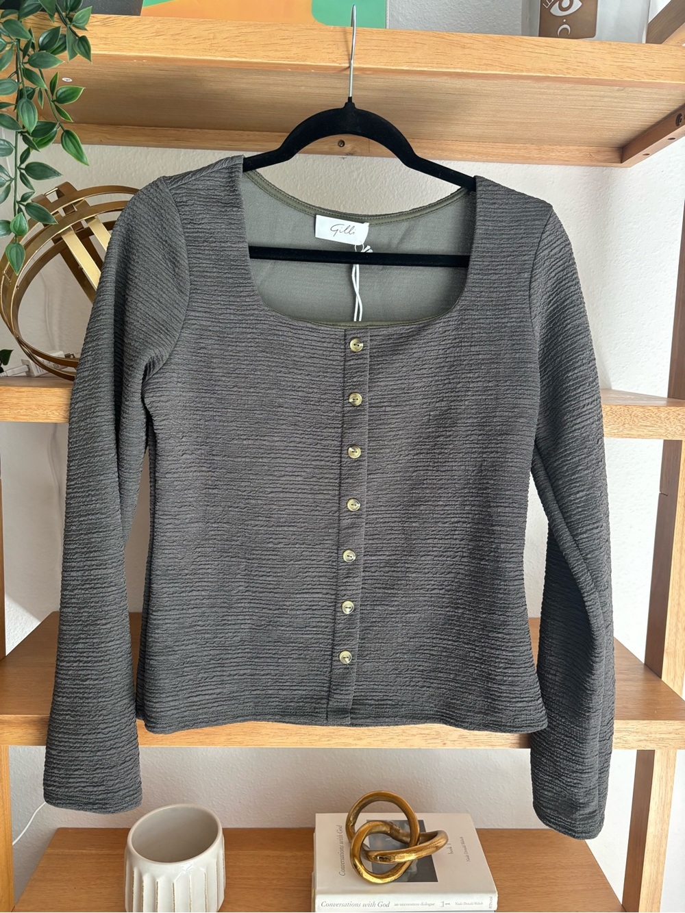 Gilli Olive Textured Knit Two-Piece Set - Scoop Neck Button Top & Flare Pants - Picture 9 of 17